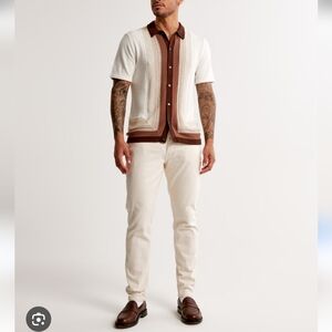 Abercrombie & Fitch Knit Border Stripe Button Sweater Mens L White Brown Retro